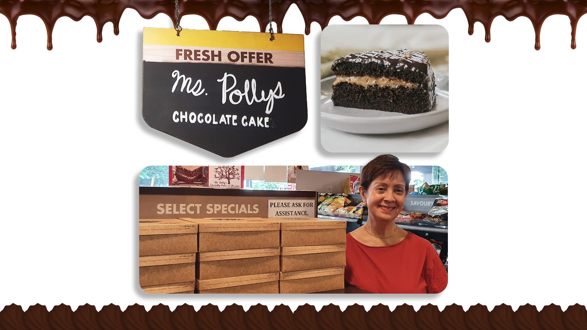 Ms Polly's Specialty Cakes - Signage, Chocolate Cake, and Polly Garilao